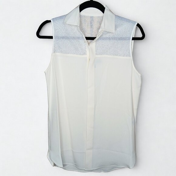 Ralph Lauren Silk Sheer Cream Sleeveless Blouse Mesh Detail Medium Button Down - Picture 1 of 14